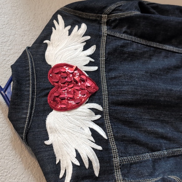Hurley Medium Flying Angel Heart Sequined Denim Jean Jacket - Picture 2 of 10